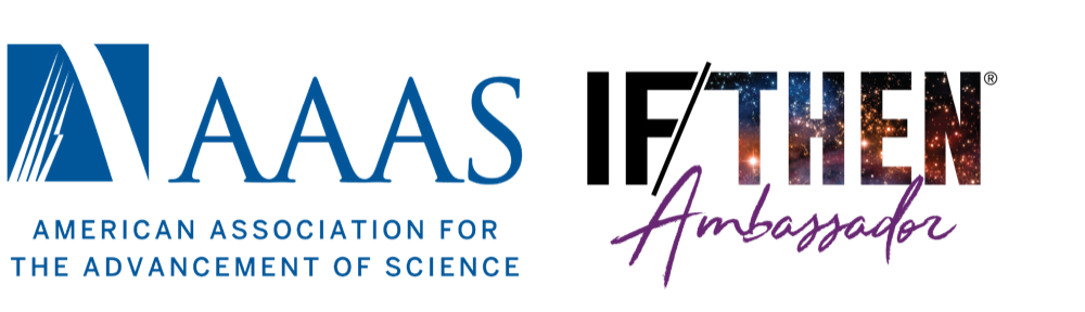 A logo for the IF/THEN® Initiative, with AAAS’ logo on the left in blue and IF/THEN® Ambassador written on the write in purple hues with the galaxy as a background.