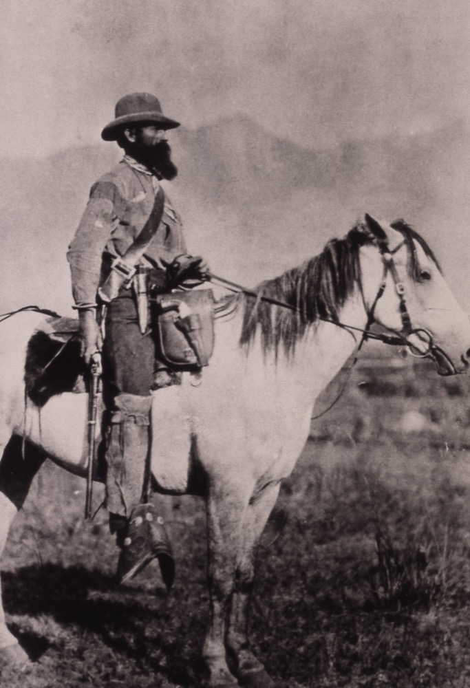 the first park Superintendent, Nathaniel Langford, on horseback in Yellowstone National Park, 1872.