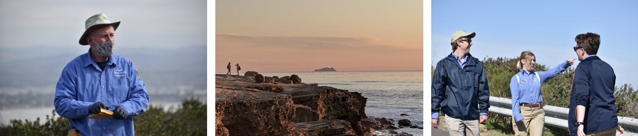 A man in a wide brimmed hat and blue shirt, a sandstone cliff at sunset and 3 people standing on a road.