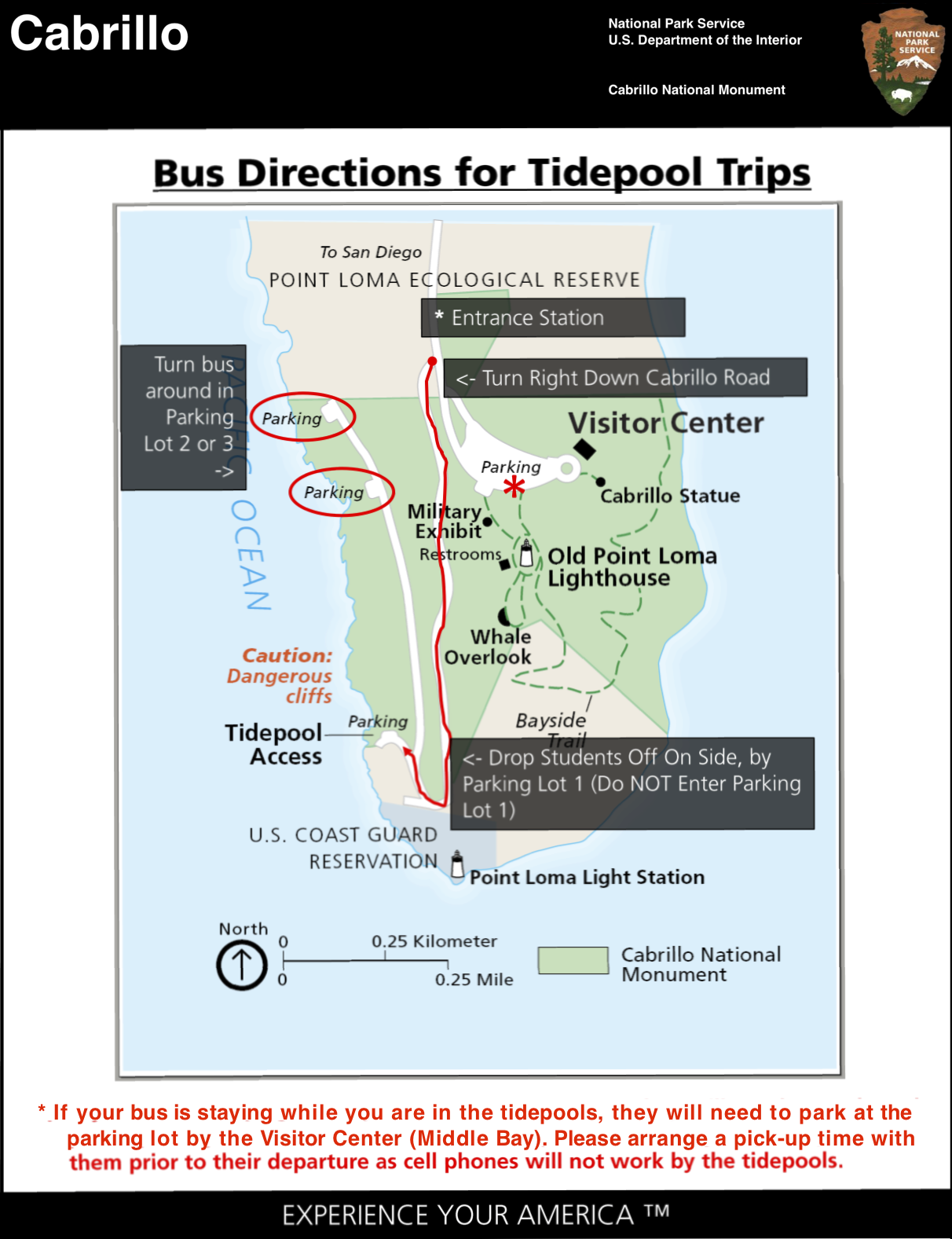 Map showing where busses can park at the tidepools
