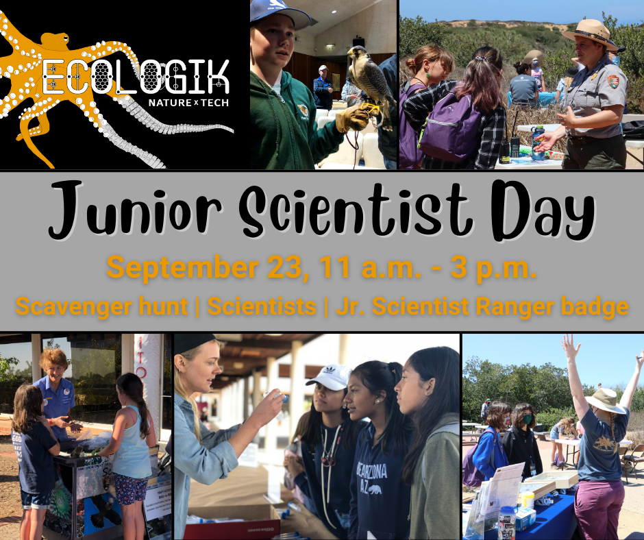 Collage of images of adults interacting with children over tables holding various science activities bordering text in the center that reads, "Junior Scientist Day, September 23, 11 a.m. - 3 p.m., Scavenger hunt, Scientists, Jr. Scientist Ranger badge". T