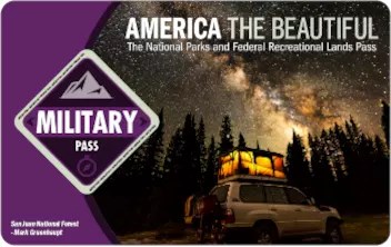 2022 Military Annual Pass. Depicts a lone hiker in mist surrounded by giant trees and dense greenery.