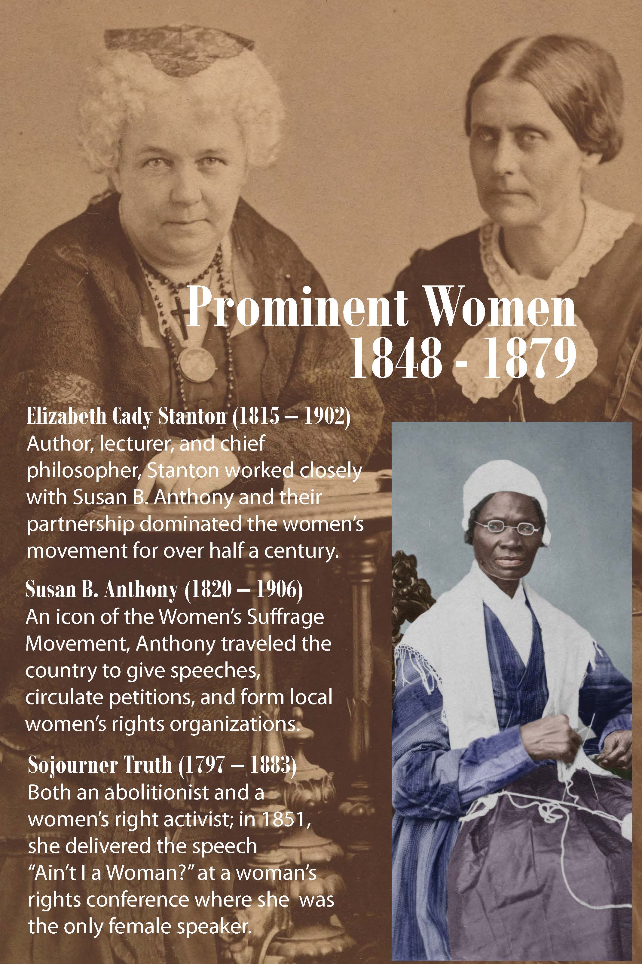 Exhibit panel titled "Prominent Women, 1848 - 1879" Audio and text transcript below.
