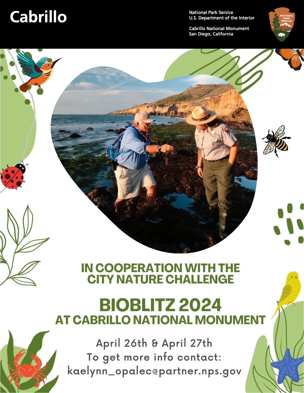 The image is a promotional flyer for an event. It has a dark green background at the top with the text "Cabrillo National Park Service U.S. Department of the Interior Cabrillo National Monument San Diego, California" next to the National Park Service logo