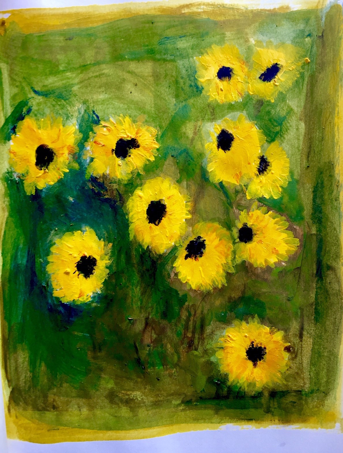A cluster of many-petaled bright yellow flowers with a dark center pop against a swirling background of different greens in this impressionistic painting.