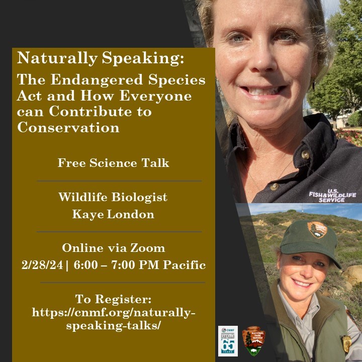 Flyer with headshot of a smiling scientist with blonde hair who wears the green-and-gray uniform of a National Park Service ranger against the backdrop of a plant-covered hillside.