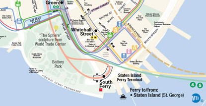 Map showing public transit to Battery Park