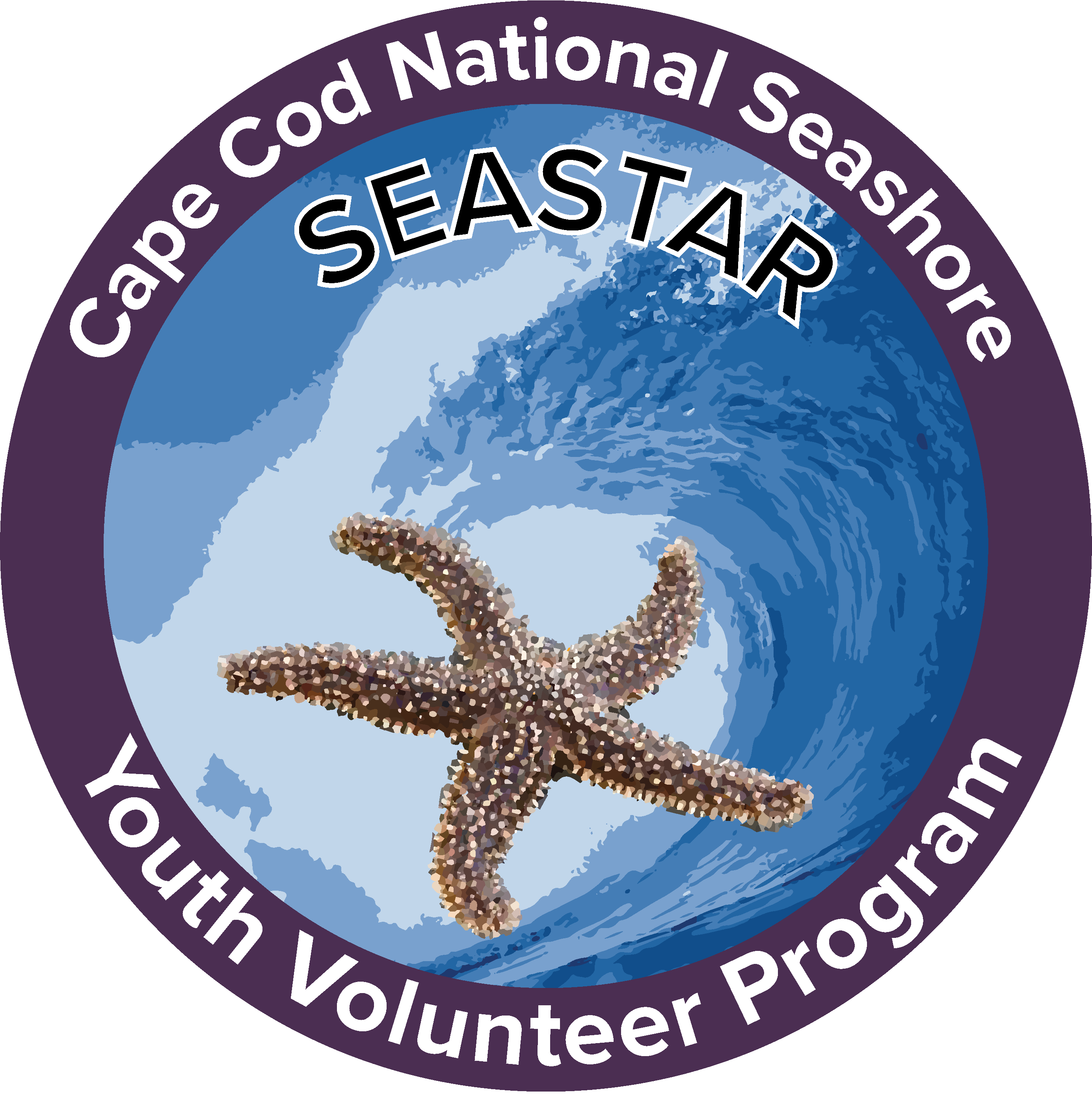 Logo for SEASTAR program, wave crashing with a star fish emblem, text reads, "Cape Cod National Seashore, SEASTAR, Youth Volunteer Program."