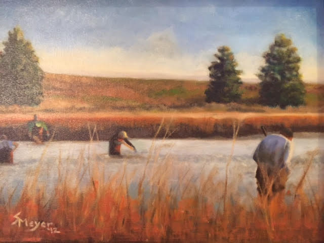 A painting of people wading in a stream surrounded by tall grass.