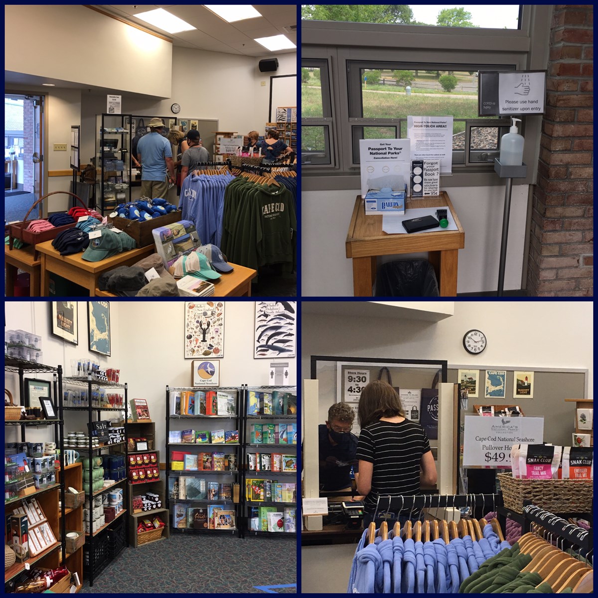 Collage of images showing a book and gift store with national seashore items