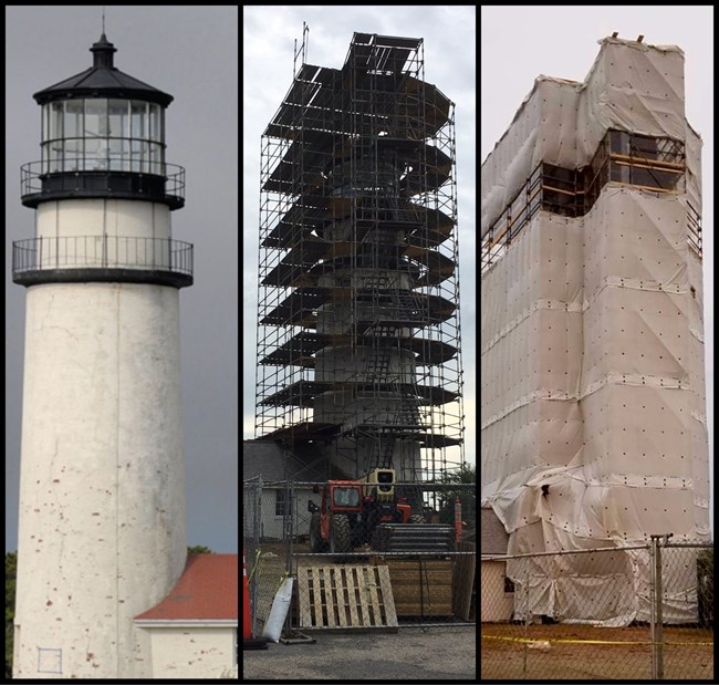 Three images of Highland Light in progress, one before construction, the second wrapped in scaffolding, and the third wrapped in scaffolding and wrapping to protect the exterior.
