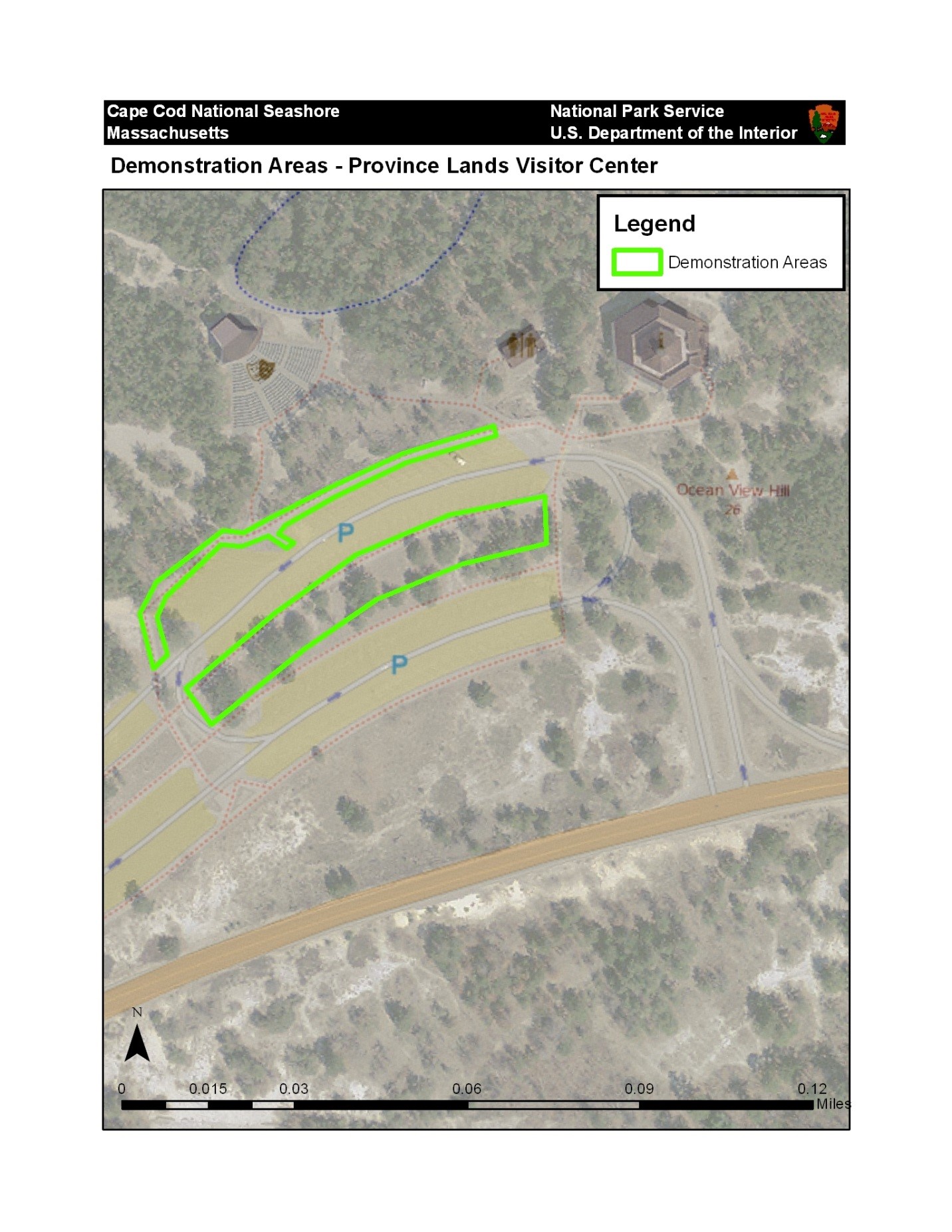 A map depicting highlighted areas at a parking lot.