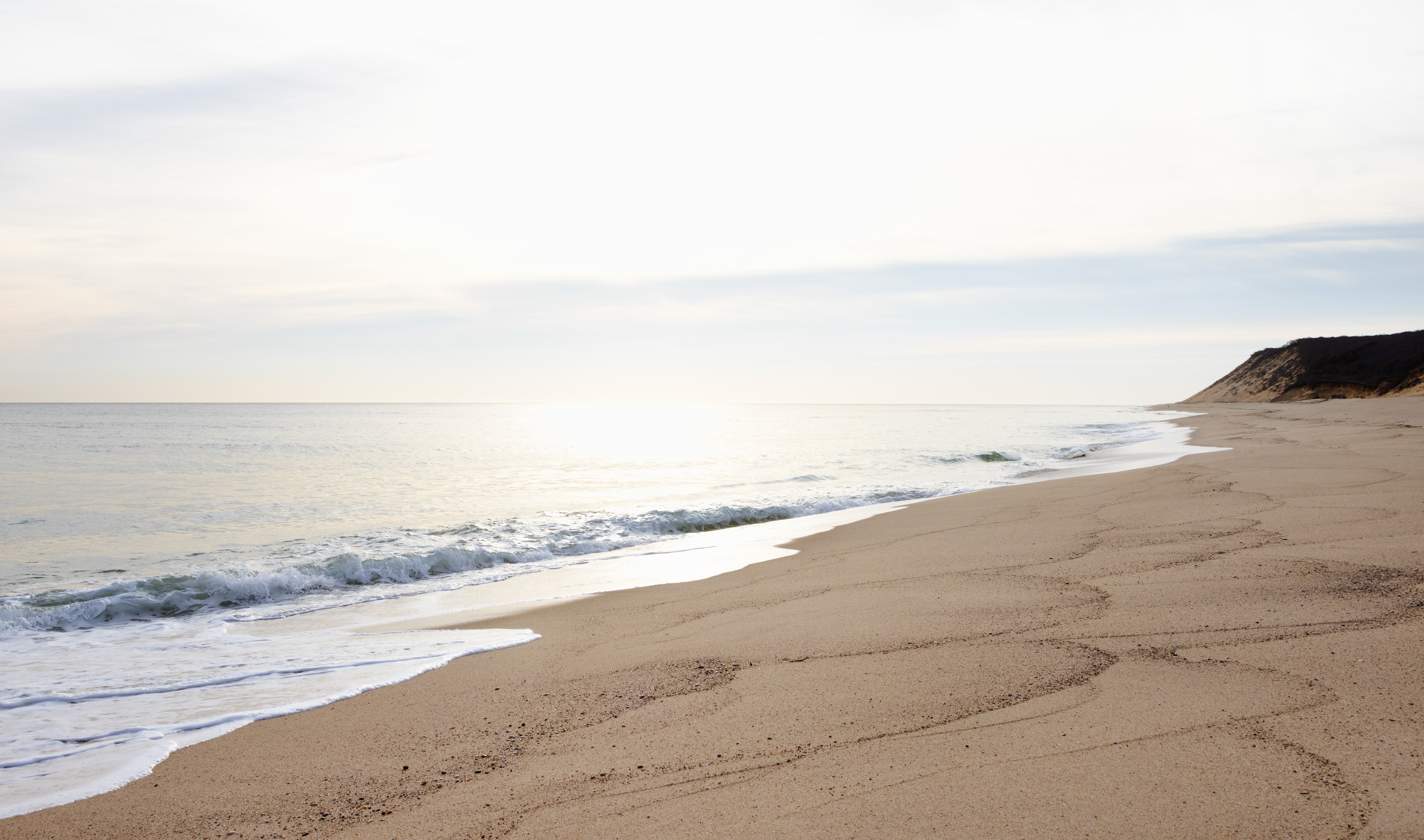 A photo of a beach from close to the water's edge with a bluff visible in the distance and emphasis on the water's edge.