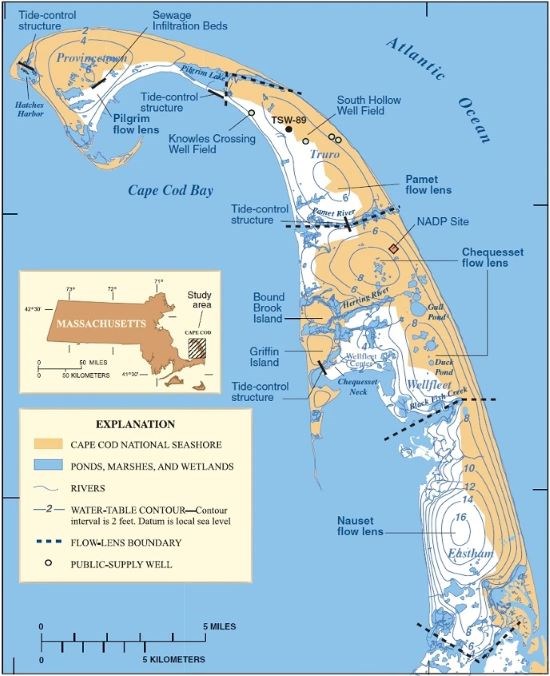 Map depicting Cape Cod's flow lens boundaries, while including ponds, marshes, wetlands, rivers, wells, and contours.