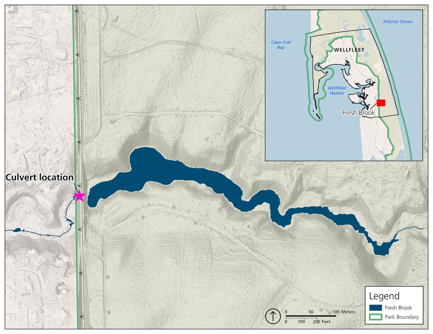 Static map of Fresh Brook identifying water, bike trail, and culvert locations, with a inset map of the larger Cape Cod area.