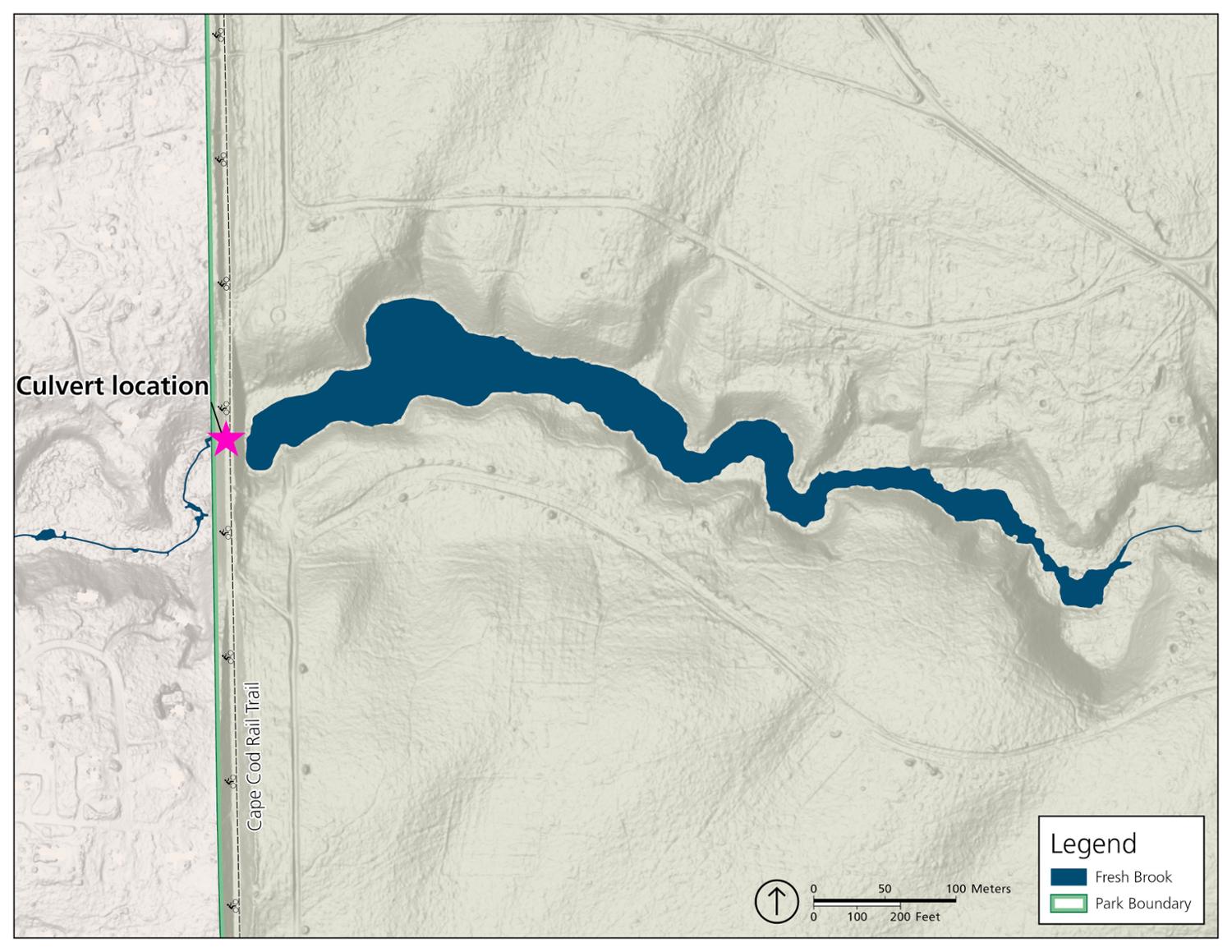 Map showing the intersection of the park boundaries, the Cape Cod Rail Trail, a culvert within the rail trail, and the larger Fresh Brook area.