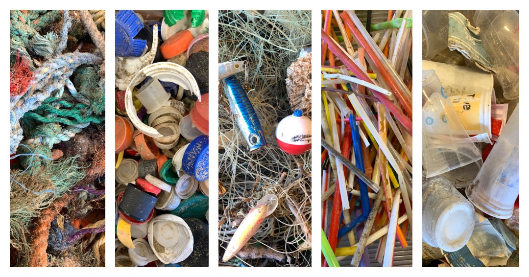 Five images in a collage show different kinds of marine debris including rope, bottle caps, fishing line and lures, straws, and plastic cups.