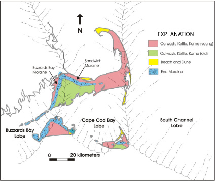 Map showing the historical ice lobes of Cape Cod's glacial history