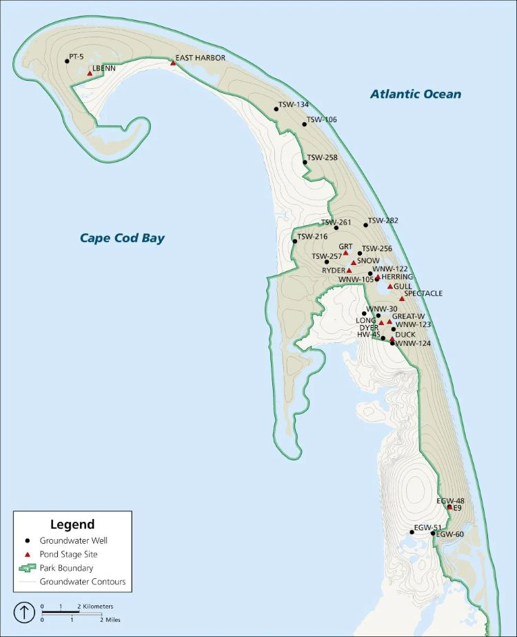 Map of observational wells, pond stage sites, and groundwater contours on the Outer Cape.