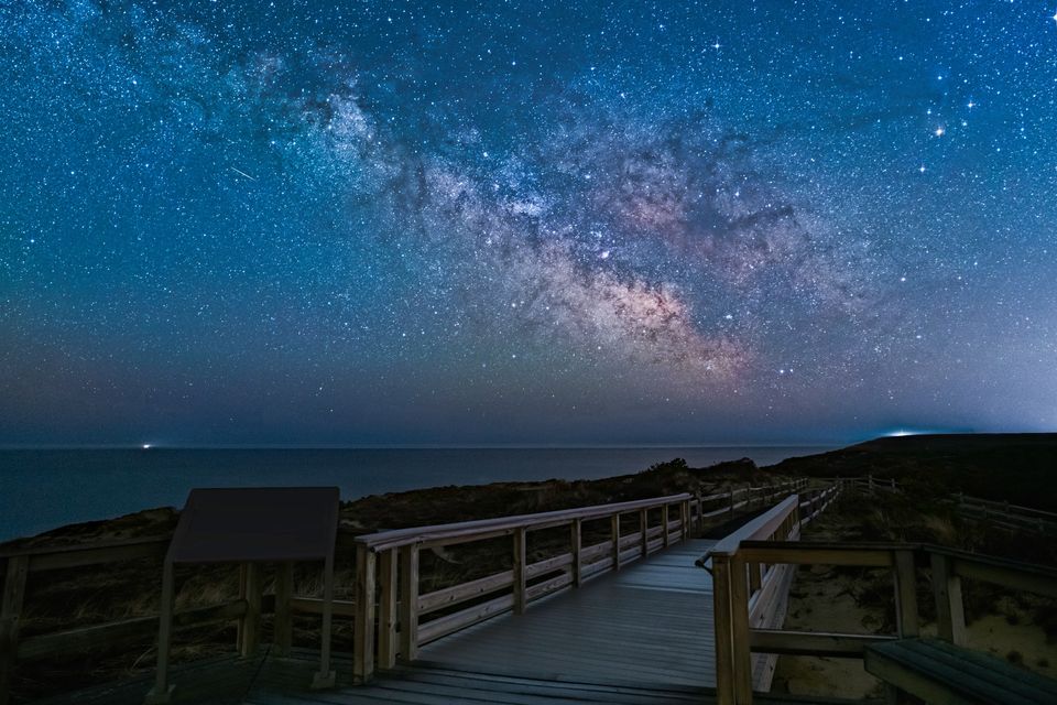 Walk With Me Stars at Marconi Night sky at Marconi Wireless Site. Deep blue sky with a boardwalk.