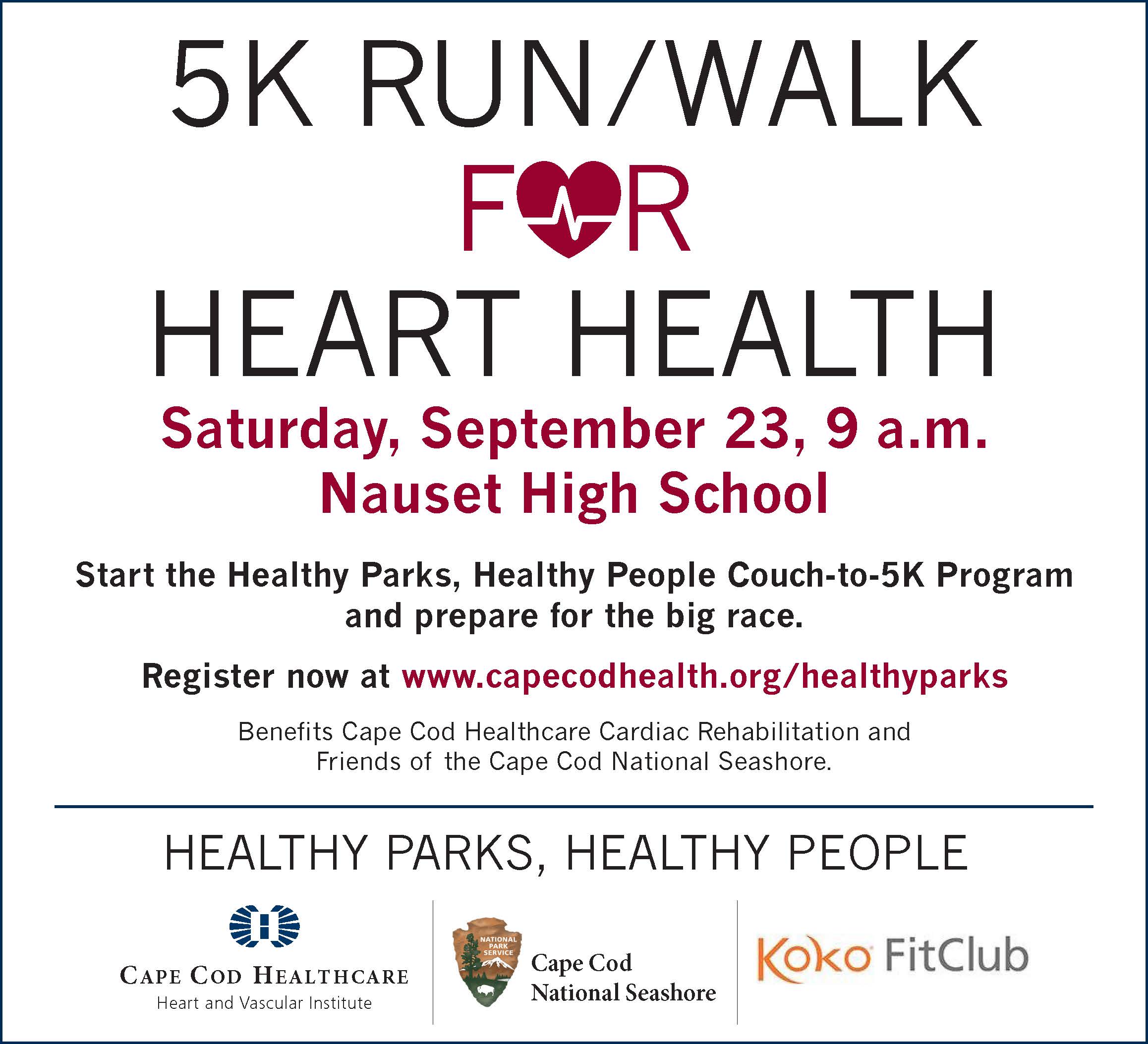 A white logo for a 5K Run/Walk For heart health. Spnsor Logos For Cape Cod national seashore, Cape Cod Healthcare, and Koko Fitness.