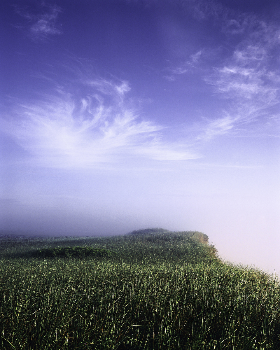 A grassy bank extends out into a misty fog. The clouds curl up onto a blue sky.