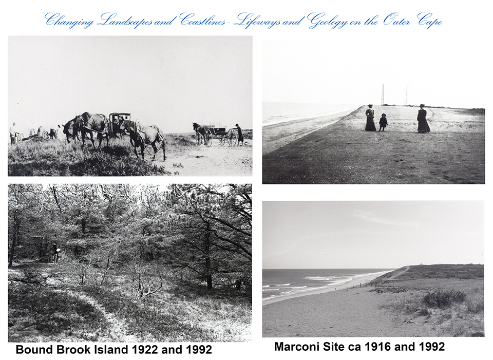 Four black and white images side-by-side of a variety of oceanside landscapes.