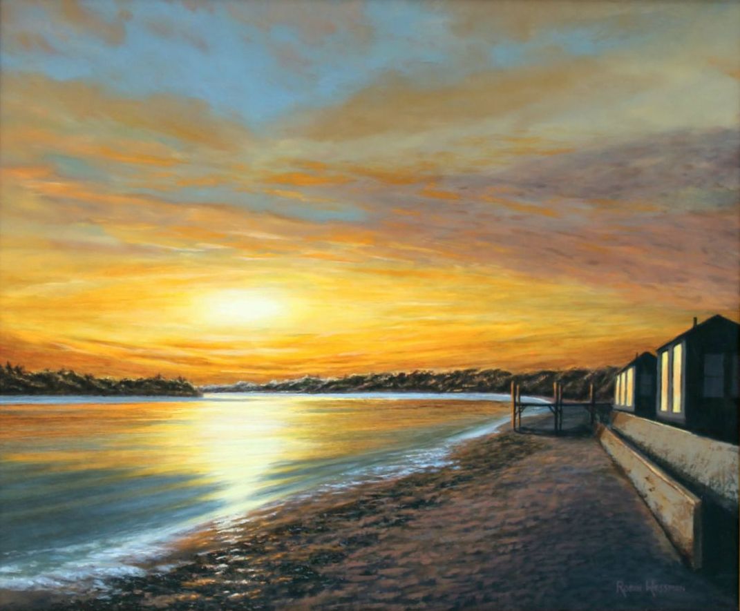 A painting of a setting sun over a curved coastline. Two houses reflect the sunset off of their full length windows.