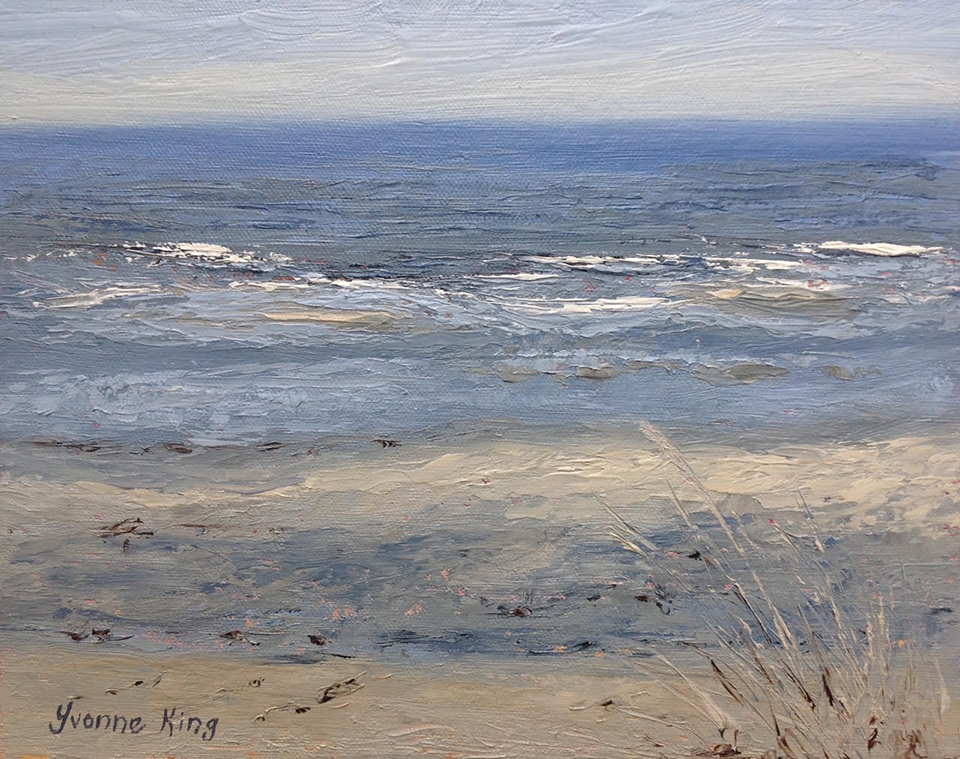 Oil on canvas painting of soft blue-green waves rolling on to a sandy beach.