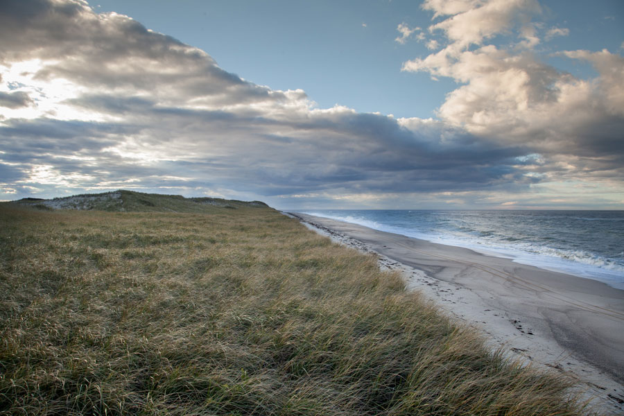 A beach stretches out under a cloudy sky.