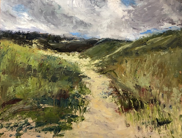 Oil painting of Great Island. A sandy path leads between two green dunes with a cloudy blue sky.