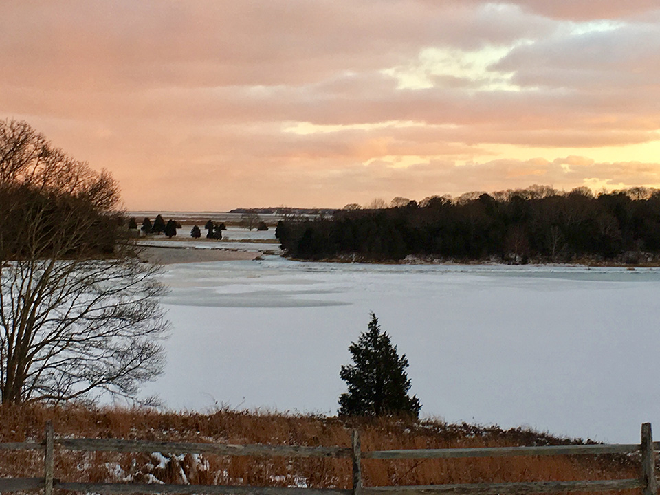 Salt Pond Winter 2018 Looking out over a icy pond surrounded by snowy trees.