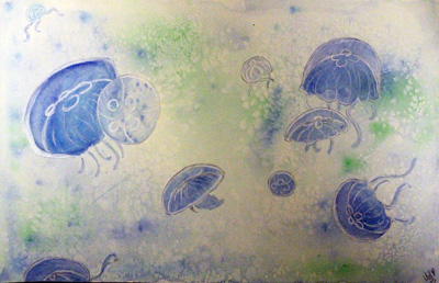 A water color painting of several jelly fish in water.