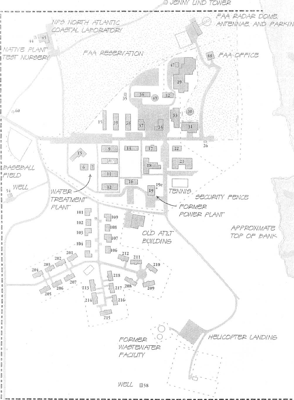A grayscale map looking down on a grid of streets, and a series of rectangular buildings.