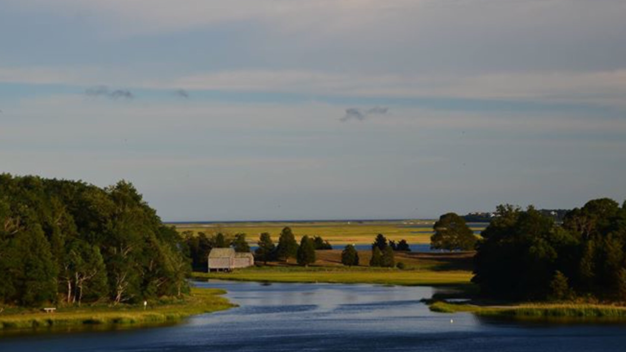 View of pond with marsh and ocean in the background