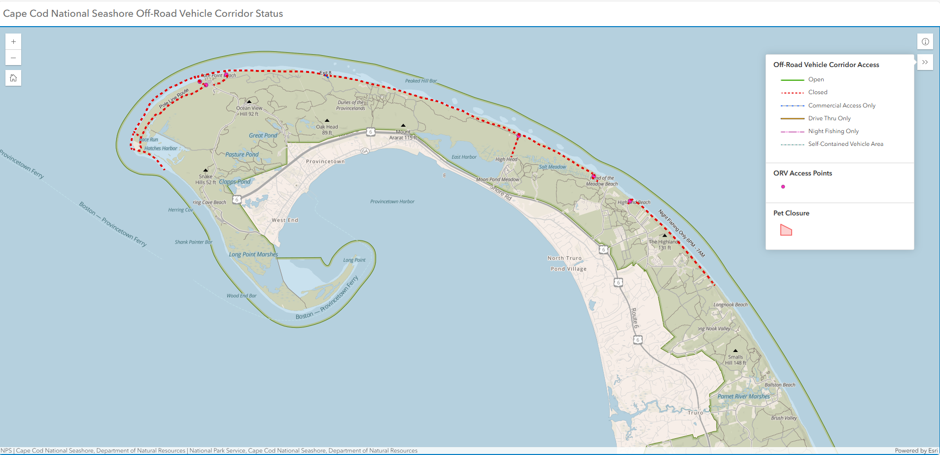 screenshot of the orv GIS map. map of the outer cape indicating open and closed ORV corridors.