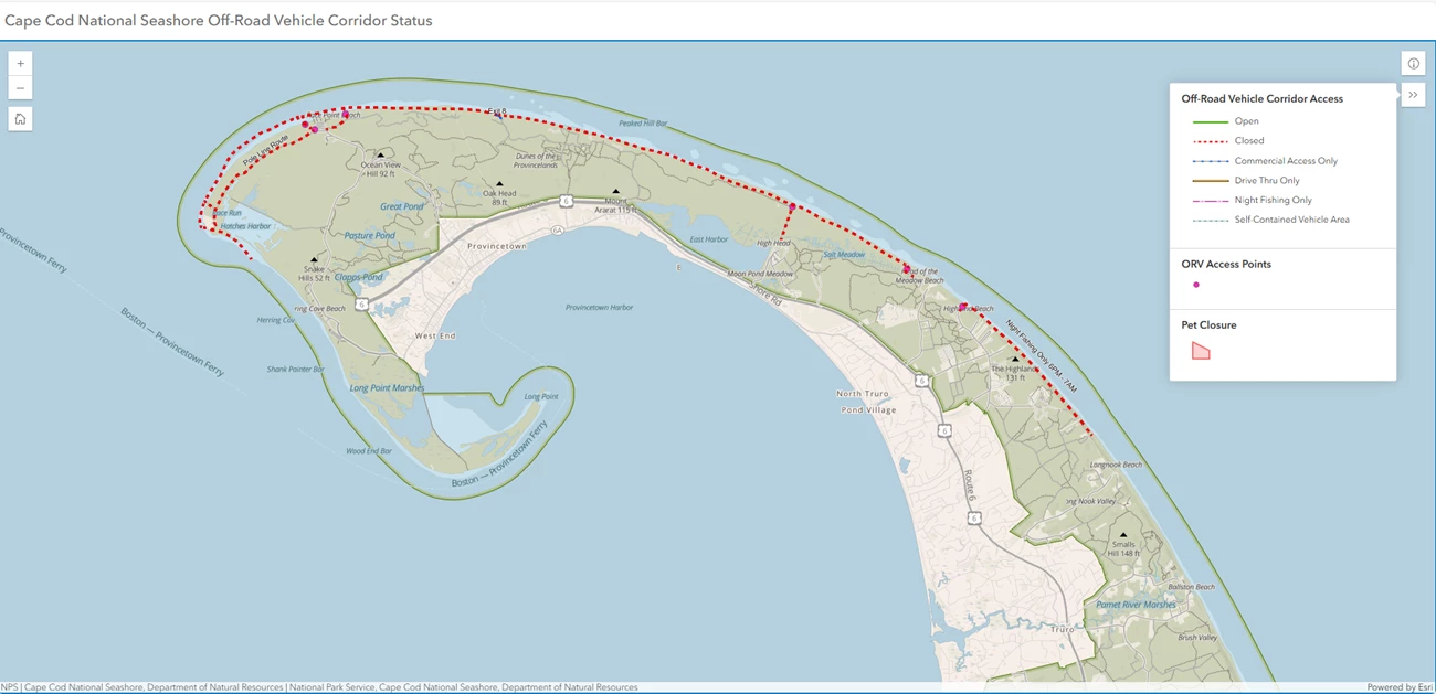 orv pet map screenshot screenshot of the orv GIS map. map of the outer cape indicating open and closed ORV corridors.
