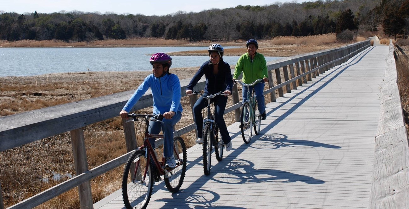 Three people ride a bike along a trail.