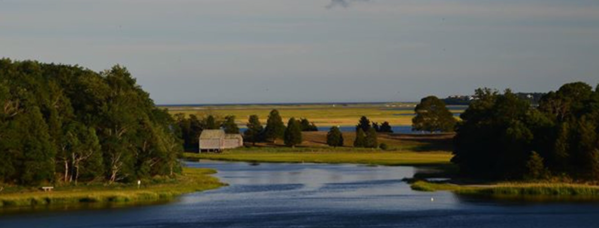 View of pond with marsh and ocean in the background