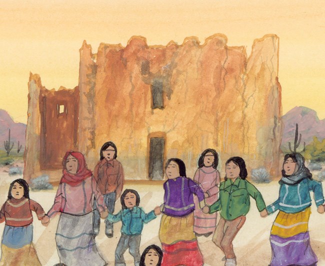 artist drawing of Great House with American Indian celebration nearby