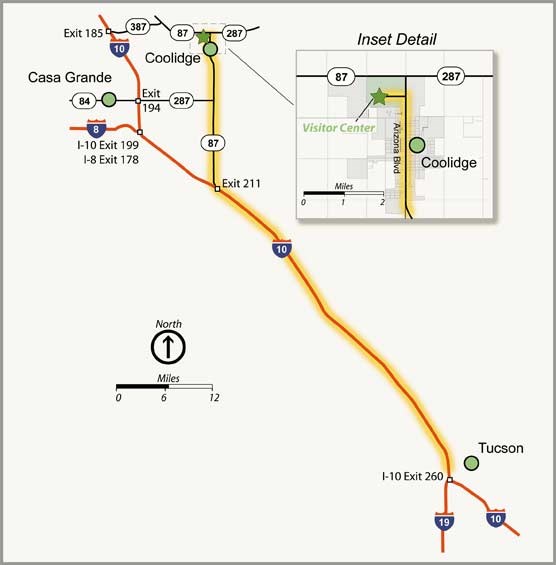 Map showing driving directions to Casa Grande Ruins from Tucson