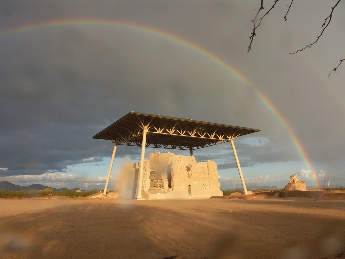clearing skies reveal and double rainbow over the Casa Grande Great House