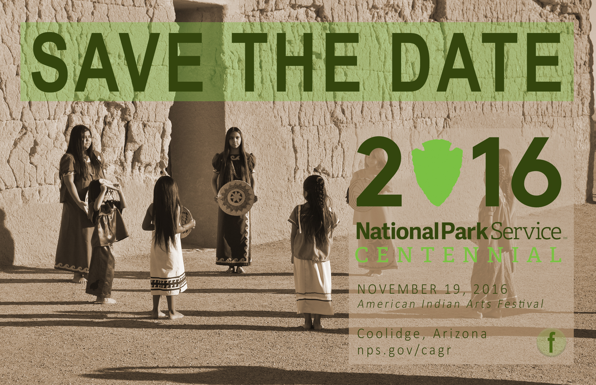 Save the Date card with NPS Centennial logo, basket dancers at the Great House Save the Date card with NPS Centennial logo, basket dancers at the Great House