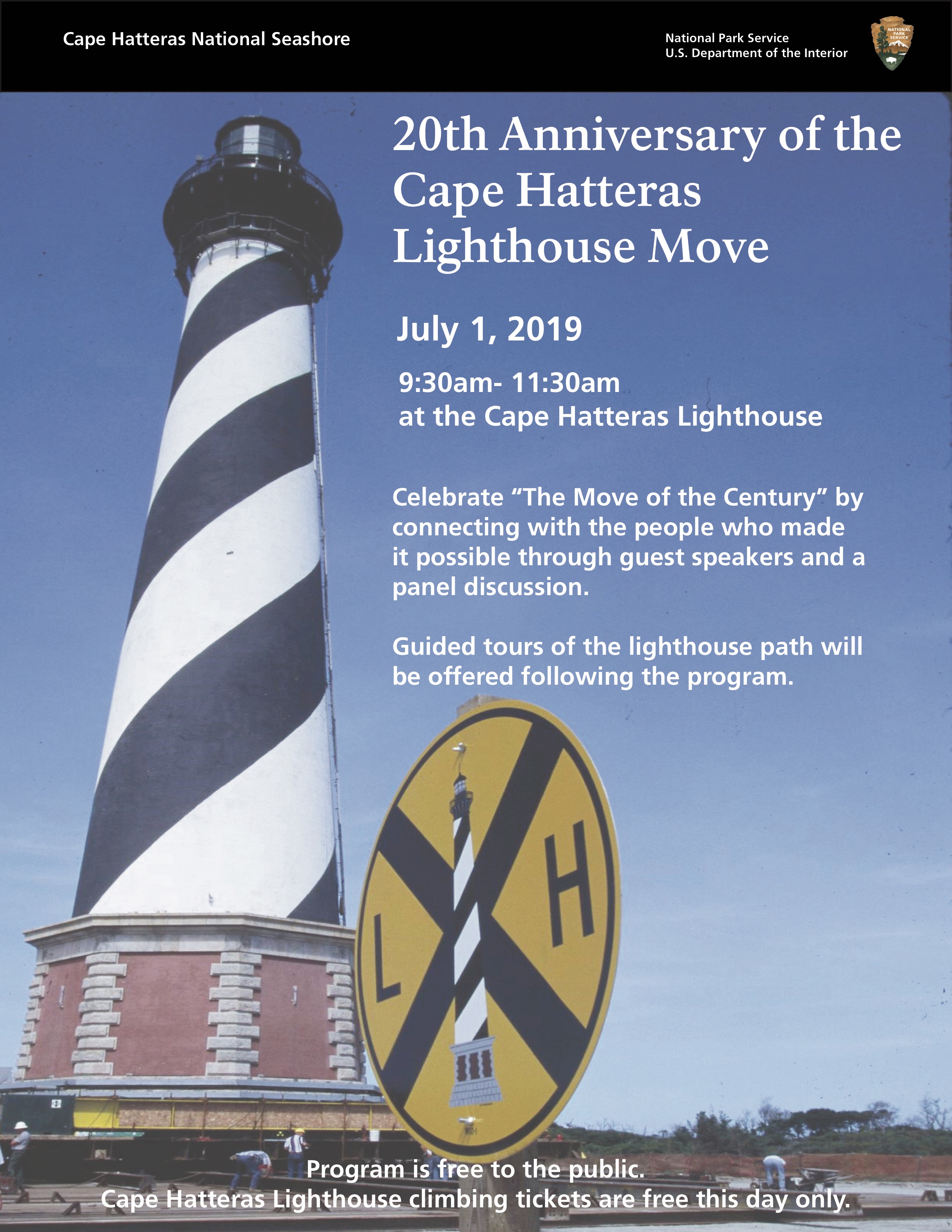 Flyer for the 20th anniversary of the Cape Hatteras Lighthouse move event on July 1, 2019.