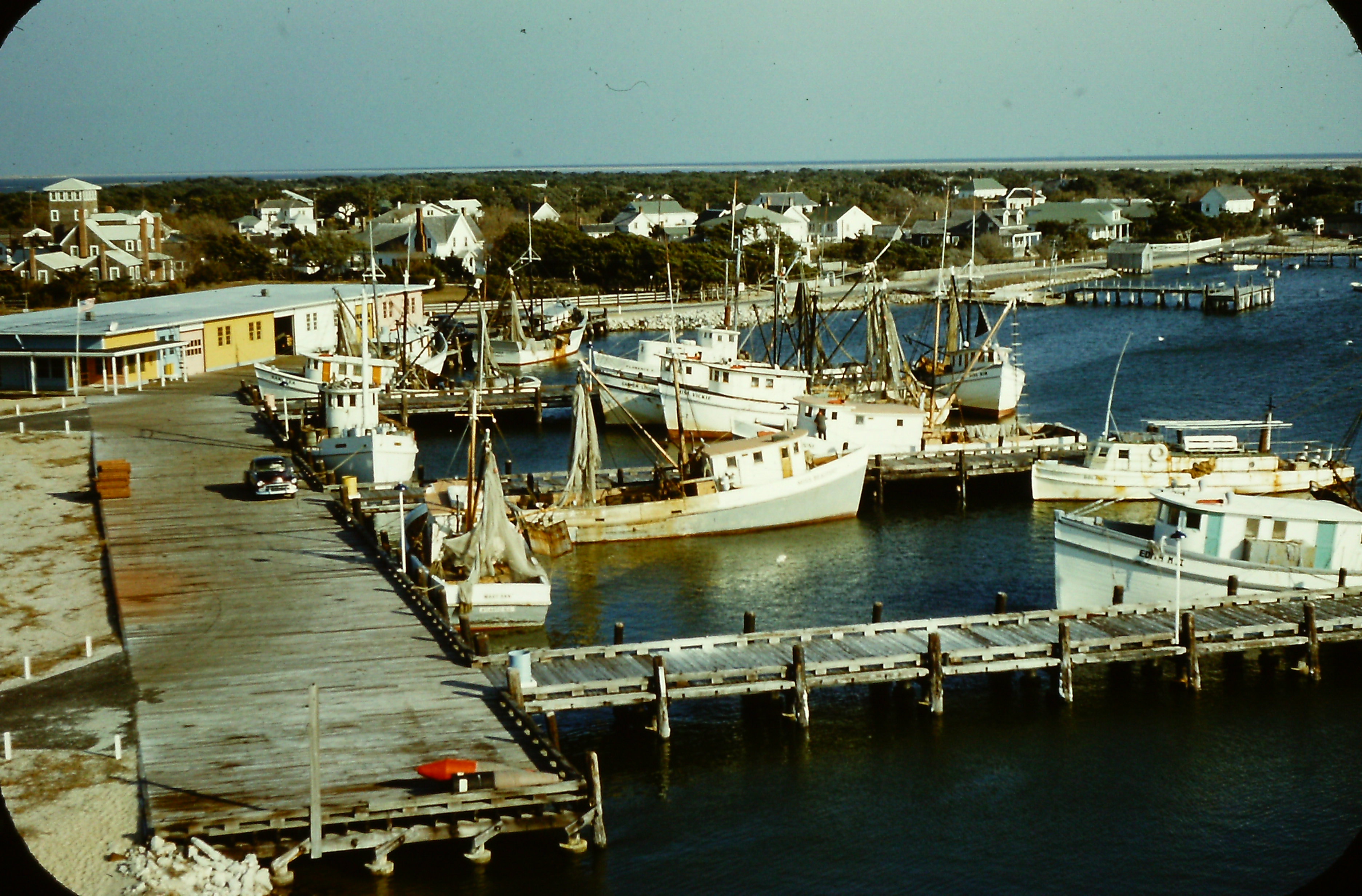 An aerial view of the old Navy docks and the first NPS visitor center at Silver Lake Marina on Ocracoke Island.