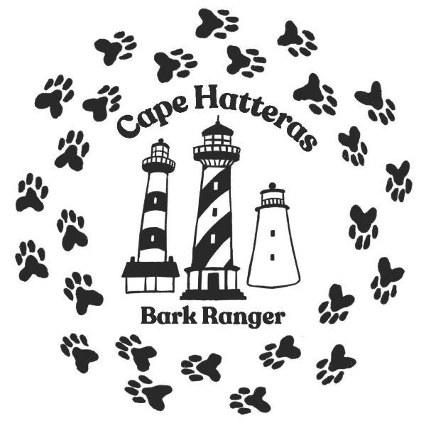 "Cape Hatteras Bark Ranger" with three lighthouses at center surrounded by circle of paw prints.
