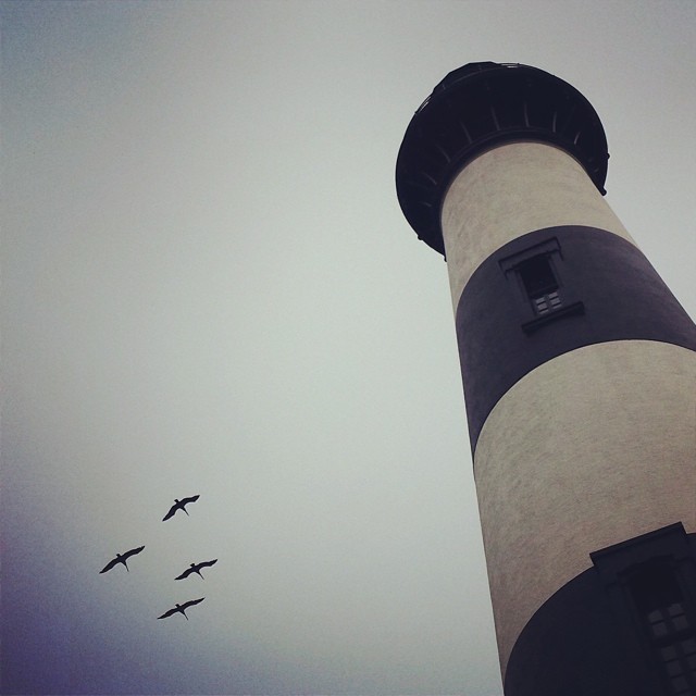 Four brown pelicans flying by Bodie Island Lighthouse. Four brown pelicans flying by Bodie Island Lighthouse.
