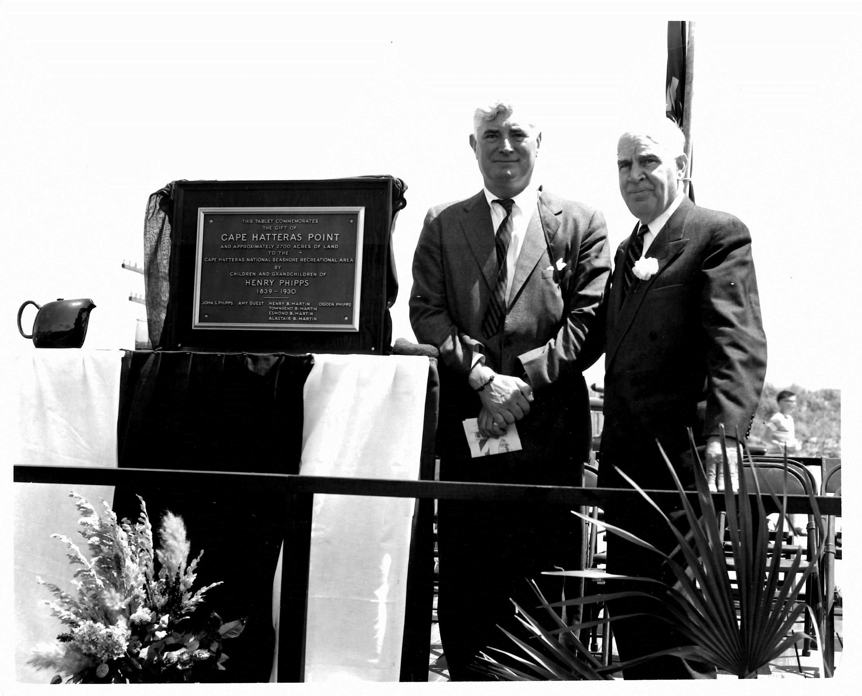 Raymond Guest and Governor Luther Hodges at Dedication Ceremony (L-R) Raymond Guest and Governor Luther Hodges standing next to dedication plaque.