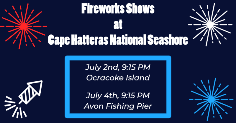 Fireworks Shows 2023 Graphic showing fireworks shows at Cape Hatteras National Seashore.