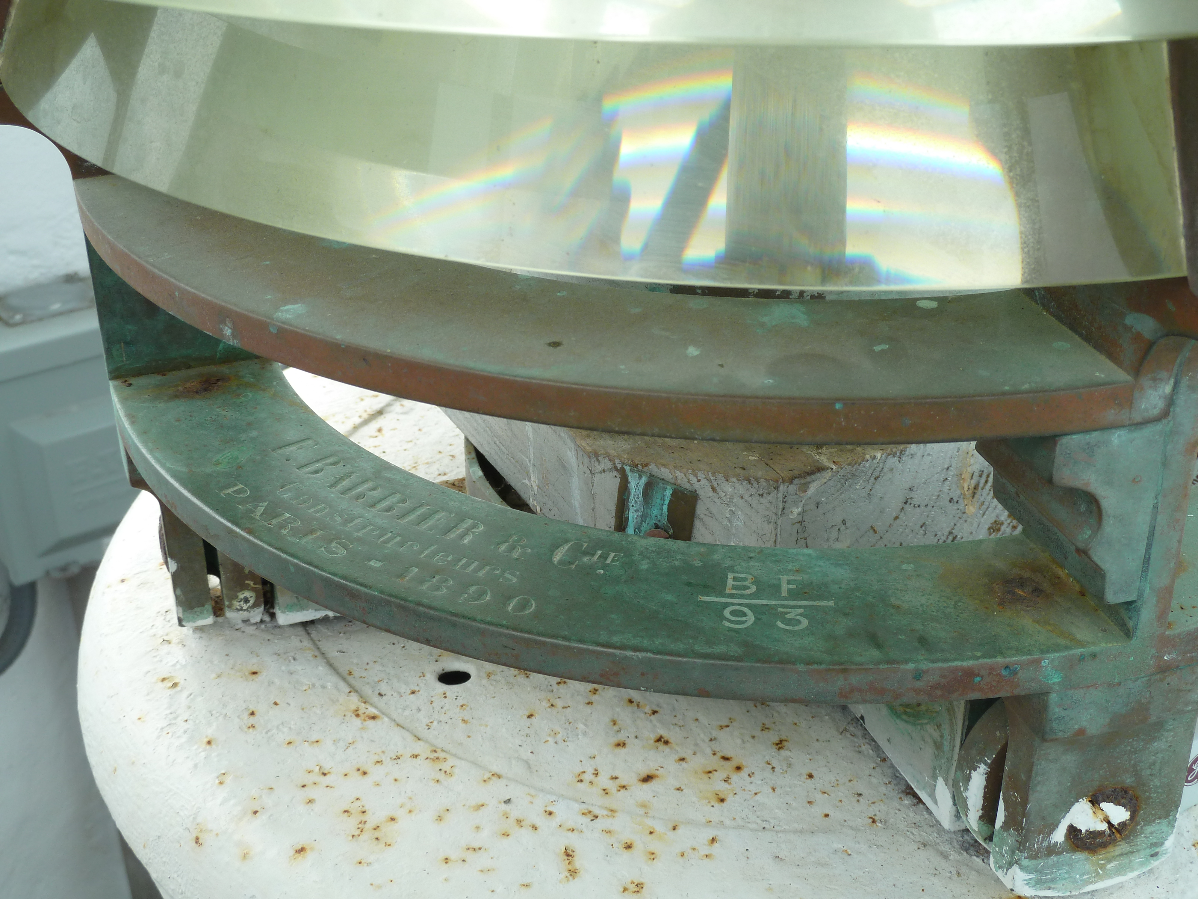 Closeup photo of the fourth order Fresnel lens atop Ocracoke Lighthouse.